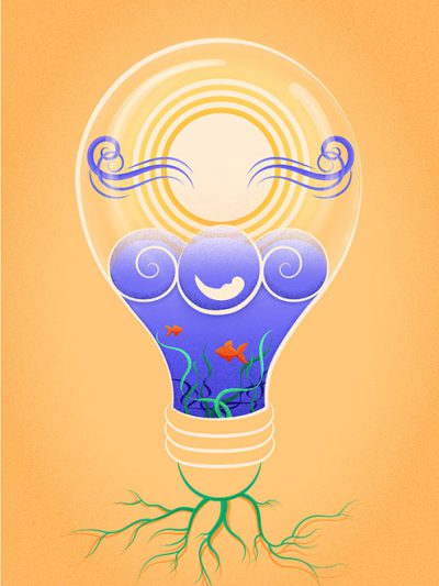 Inside a light bulb are depicted the Sun, the wind, the water with waves and marine life. The light bulb has roots.