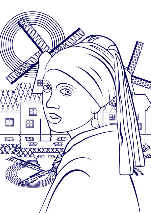 Line art inspired by The girl with a pearl earring painted by Veermer, coloring page for adults. Behind the character are depicted traditional windmills