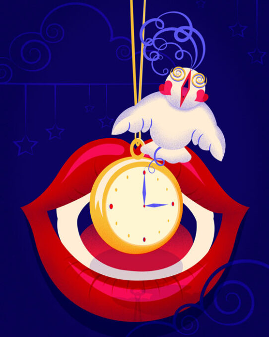 Detail above a woman's open mouth, there is a pocket watch that shows 3 o'clock and from which a cuckoo is coming out singing