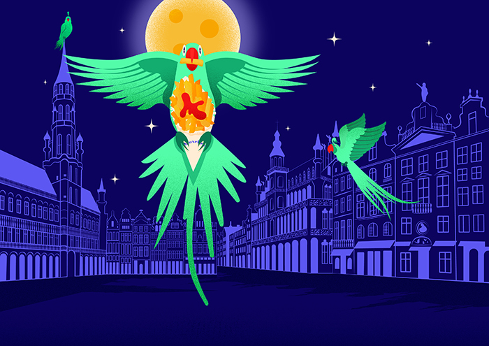 My interpretation depicts three Alexandrine parrots flying during nighttime over Grand Place, in Brussels. One of them has a portion of fries in his claws and a fry in his beak.