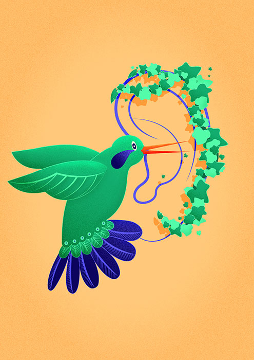A flying hummingbird is depicted whispering into a human ear decorated with ivy leaves