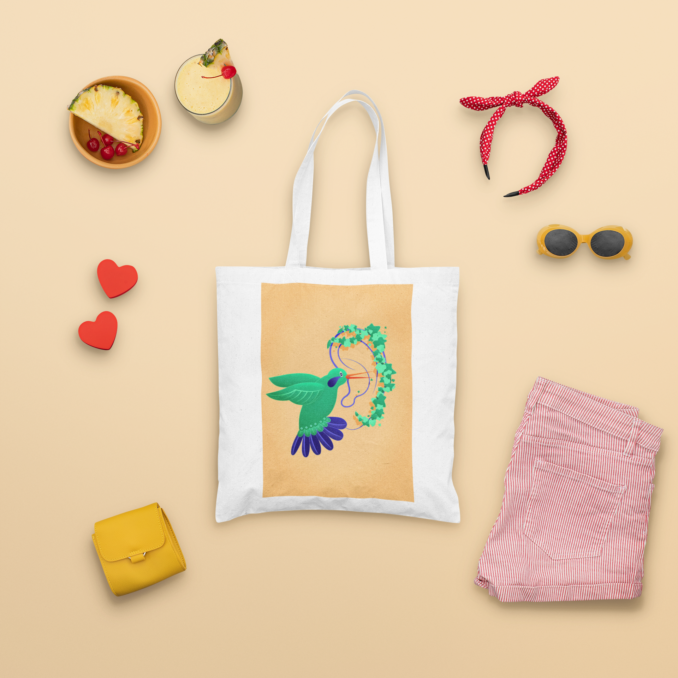 Detail mockup tote bag vector Environmental editorial illustration - Energy - created depicting a bird singing to a human ear covered by ivy