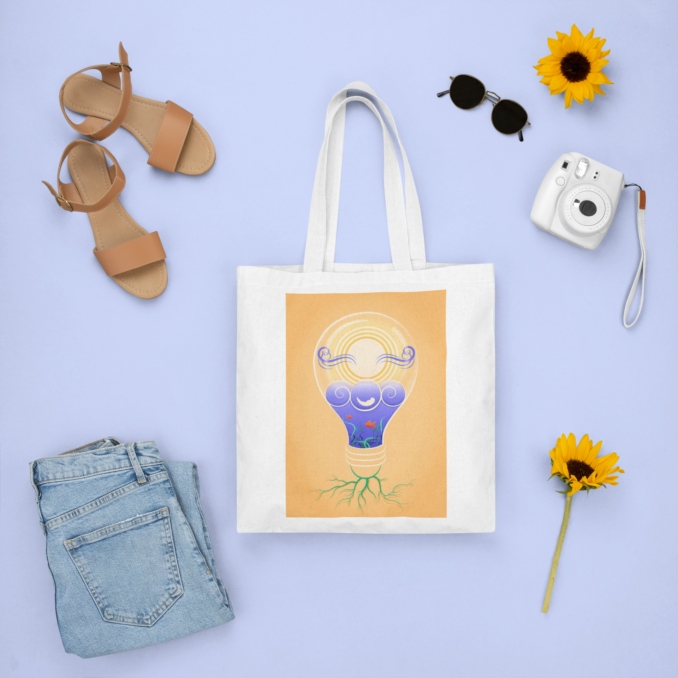 Detail mockup tote bag vector Environmental editorial illustration - Energy - depicting a light bulb containing the sun, wind, water and waves, fish.