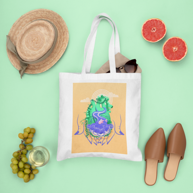 Detail mockup tote bag vector Environmental editorial illustration - Energy depicted a human heart covered by grass, flowers, and a wavy river with fish