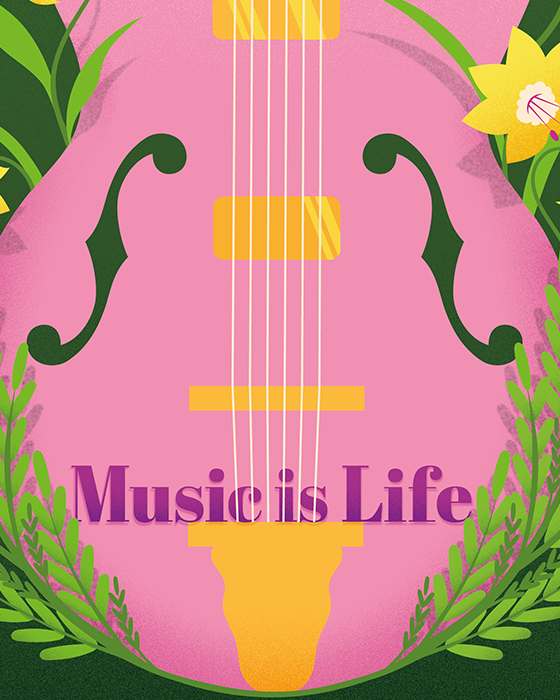 Music is life detail - On a guitar surrounded by greenery, there is written Music is life.