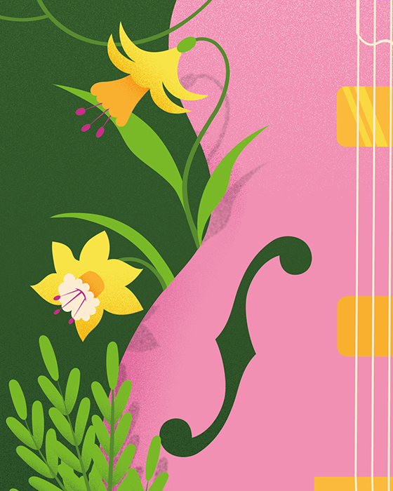 Music is life detail - a fragment of a guitar surrounded by spring flowers and greenery