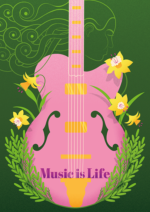 On a guitar surrounded by spring flowers and greenery, there is written Music is life. The guitar forms the torso of a women, positioned with her back towards the viewer