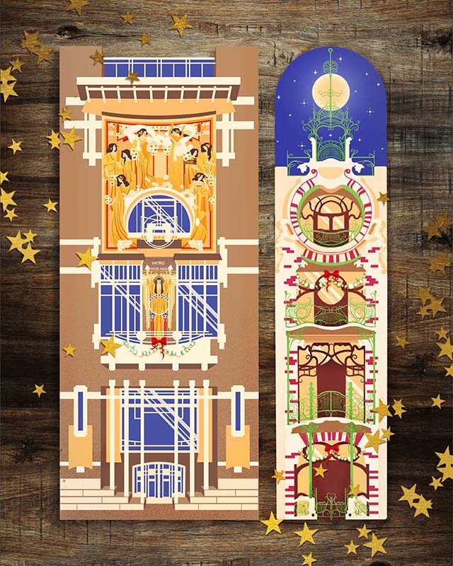 On a wood table there are placed two illustrations of famous Art Nouveau houses in Brussels: Maison Paul Cauchie and Maison Saint Cyr