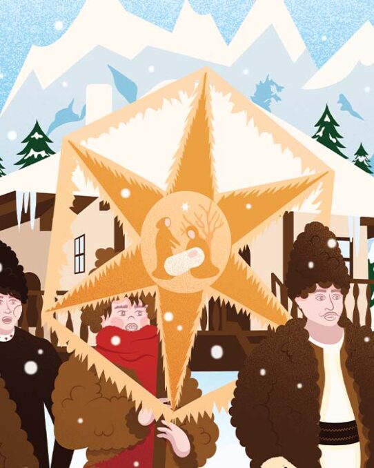 A group of children carollers with the star is walking through the snow