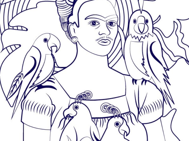 Frida Kahlo and her parrots colouring page by Loredana Codau