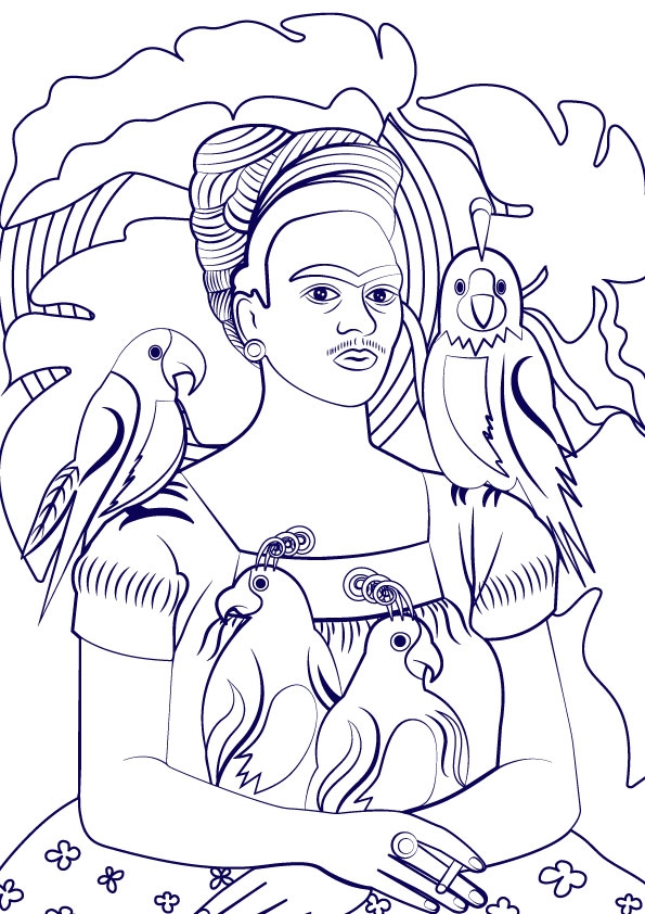 Frida Kahlo and her parrots colouring page for adults by Loredana Codau