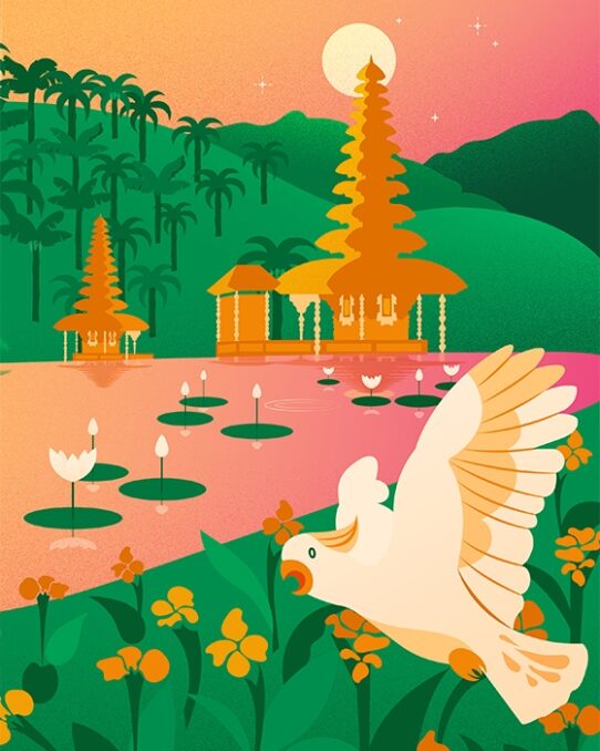 A white parrot is flying on top of exotic flowers. Behind, on a pond there are lotus flowers and two Balinese temples, in a tropical background.