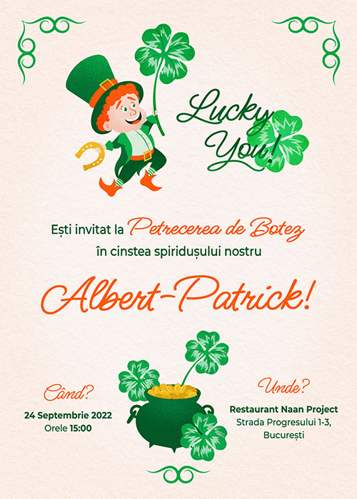 Custom illustrated digital baby shower invitation, baptism invitation, birthday invitation for your kids. Baptism invitation illustrated with elements and characters inspired by Saint Patrick's Day, a leprechaun, clover, pot of gold, because the child is named Patrick.