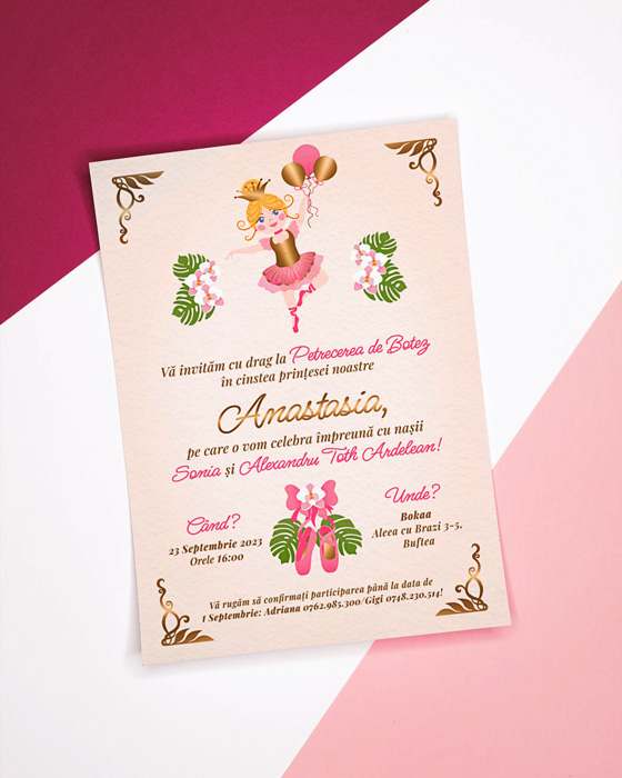 Mockup for Custom illustrated digital baptism invitation inspired by the Russian ballet theme, depicting a ballerina holding balloons and surrounded by orchids and Monstera Deliciosa leaves and golden Art Nouveau decorations. The printed invitation is places on a flat surface depicted in three colours
