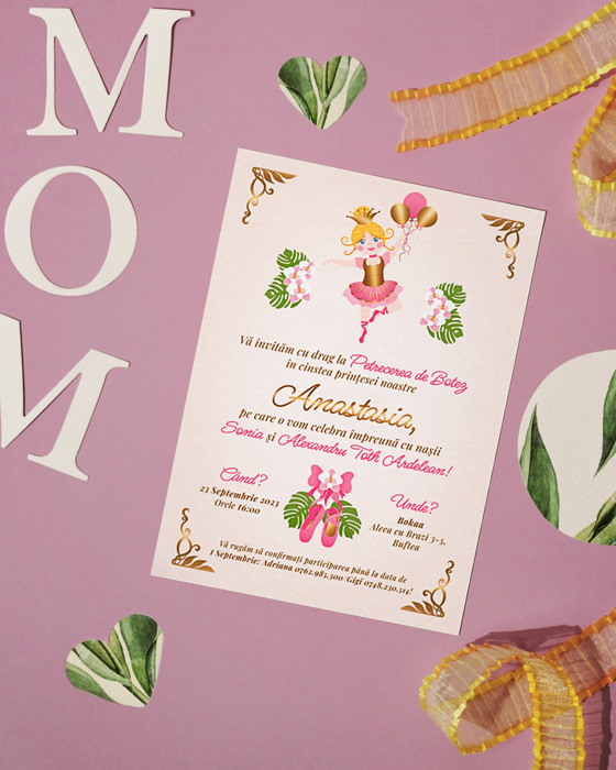 Mockup for Custom illustrated digital baptism invitation inspired by the Russian ballet theme, depicting a ballerina holding balloons and surrounded by orchids and Monstera Deliciosa leaves and golden Art Nouveau decorations. The invitation is printed on paper and surrounded by ribbons and confetti decorated with leaves. On the table there is a fragment of Mom inscription