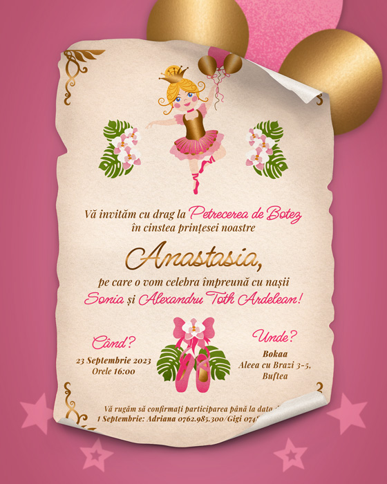 Mockup for Custom illustrated digital baptism invitation inspired by the Russian ballet theme, depicting a ballerina holding balloons and surrounded by orchids and Monstera Deliciosa leaves and golden Art Nouveau decorations. The invitation is printed on a vintage paper inspired by a treasure map