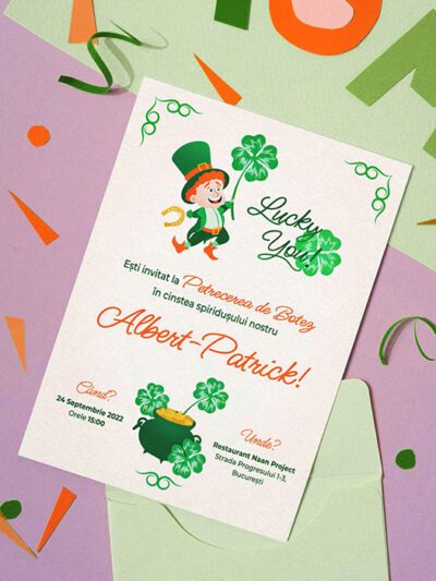 Custom illustrated digital baby shower invitation, baptism invitation, birthday invitation for your kids. Baptism invitation illustrated with elements and characters inspired by Saint Patrick's Day, a leprechaun, clover, pot of gold, because the child is named Patrick. The invitation is printed on paper and surrounded by textile confetti. On the table there is a fragment of Mom inscription