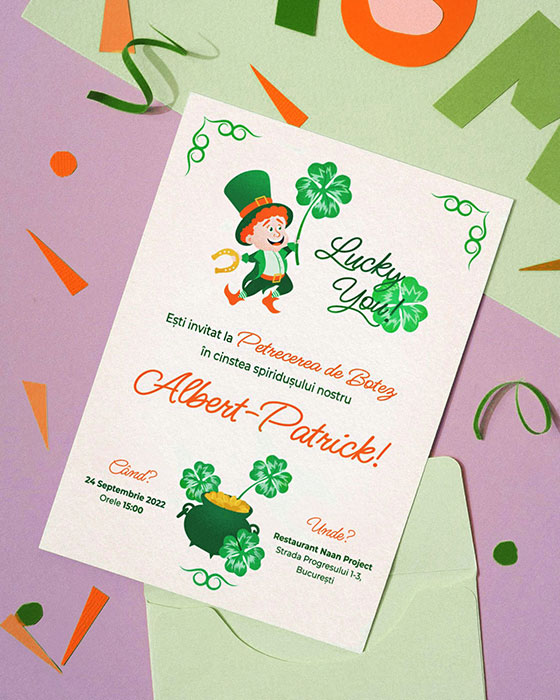 Custom illustrated digital baby shower invitation, baptism invitation, birthday invitation for your kids. Baptism invitation illustrated with elements and characters inspired by Saint Patrick's Day, a leprechaun, clover, pot of gold, because the child is named Patrick. The invitation is printed on paper ans surrounded by textile confetti. On the table there is a fragment of Mom inscription