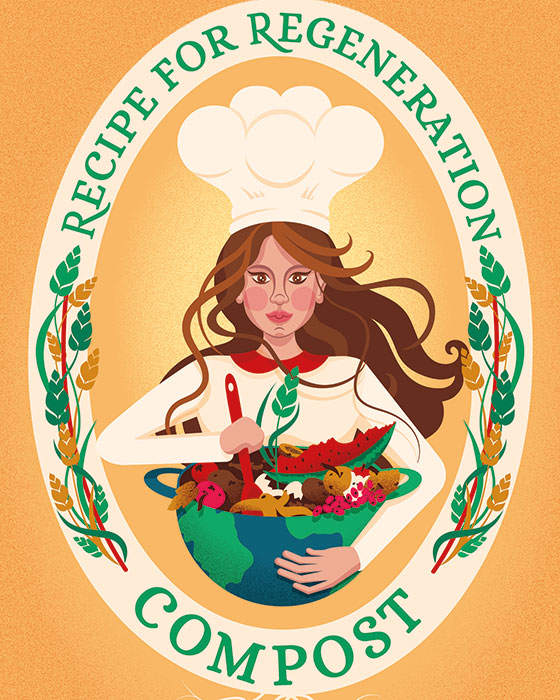 Mother Nature depicted as a baker while mixing compost into a pot - planet Earth. The woman is surrounded by green crops