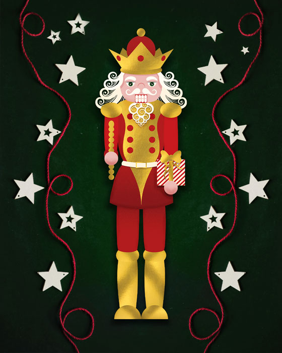 The Nutcracker depicted between Christmas strings with white stars on a dark green background