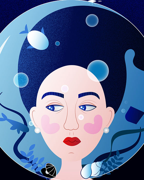 The portrait of a girl holding her head inside a rounded aquarium, that reminds of an astronaut helmet. The girl is observing the fish, shells and sea weed around her.