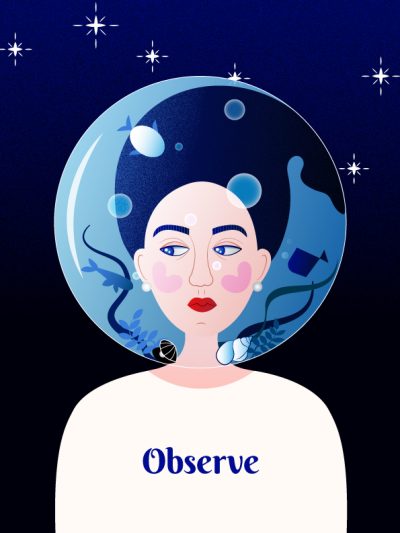 The portrait of a girl holding her head inside a rounded aquarium, that reminds of an astronaut helmet. The girl is observing the fish, shells and sea weed around her. Behind her, on the night sky there is Ursa Major.