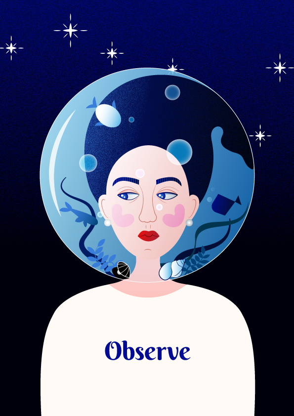 The portrait of a girl holding her head inside a rounded aquarium, that reminds of an astronaut helmet. The girl is observing the fish, shells and sea weed around her. Behind her, on the night sky there is Ursa Major.