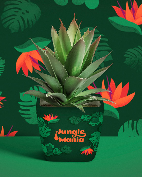 Tropical plant shop brand identity & packaging design for social media post (mockup photo). In front, there is depicted an aloe vera plant pot on which there is represented a tropical illustration and the flower shop's logotype - Jungle Mania. On the background there is repeated the tropical brand illustration, representing Monstera Deliciosa leaves and Bird of paradise flowers.