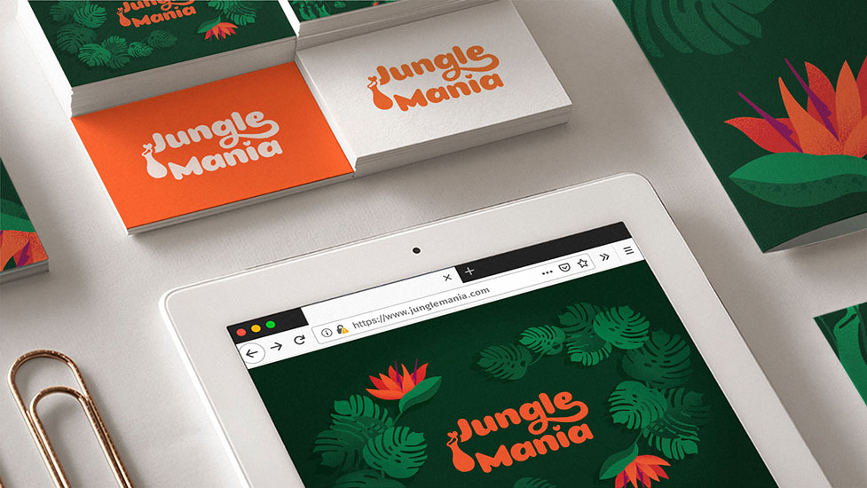 Tropical plant shop brand identity design stationery and web design - business cards and a website banner depicting the tropical brand illustration, the logotype and the tropical brand pattern: Monstera Deliciosa leaves, Bird of paradise flowers and Tropical pitcher plants.