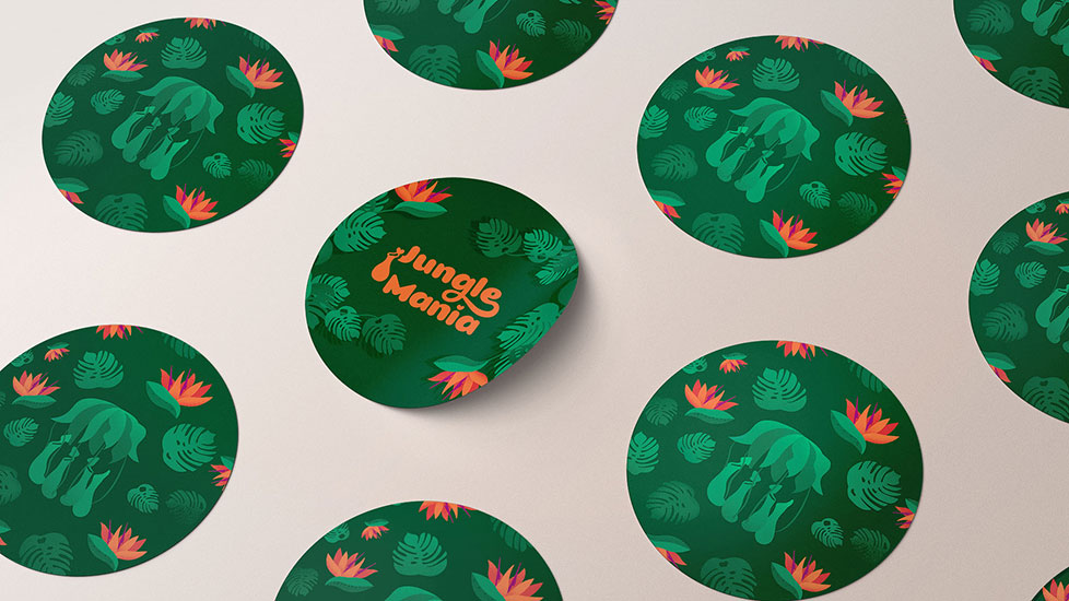 Tropical plant shop brand identity design circularly stickers depicting the tropical brand illustration, the logotype and the tropical brand pattern: Monstera Deliciosa leaves, Bird of paradise flowers and Tropical pitcher plants.