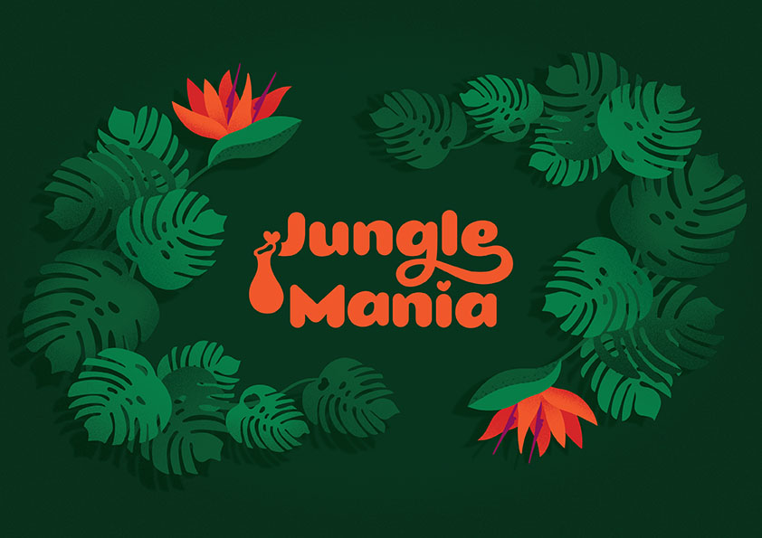 Tropical plant shop brand illustration depicting Monstera Deliciosa leaves, Bird of paradise flowers and the brand logotype.