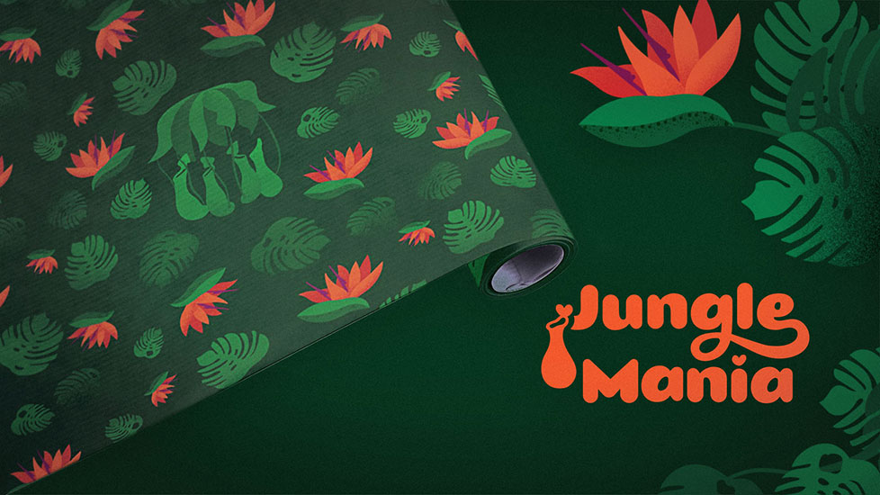 Tropical plant shop packaging design - wrapping paper decorated with a tropical pattern depicting Monstera Deliciosa leaves, Bird of paradise flowers and Tropical pitcher plants. Next to it there are represented the brand logotype Jungle Mania, a Bird of paradise flower and couple of Monstera leaves.