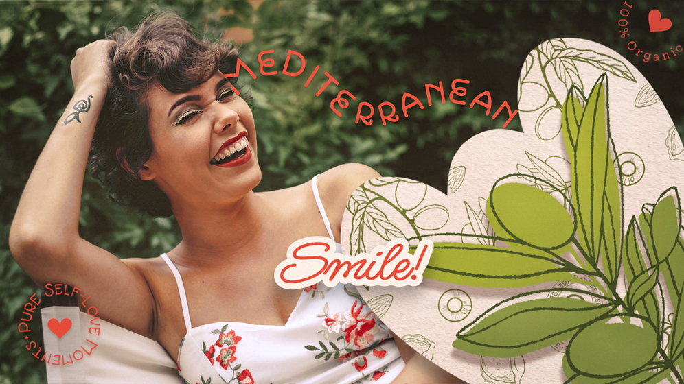 A happy girl laughing in a natural environment. On the right side there is a brand illustration depicting an olive branch. Above there is the product line name and in front there is written the brand message Smile