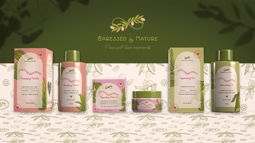Caressed by Nature – Mediterranean skincare line of products represented in front of the brand pattern depicting the illustrations of the ingredients used in the products along the brand submark logo. Above there is represented the primary brand logo and shadows of tree branches.