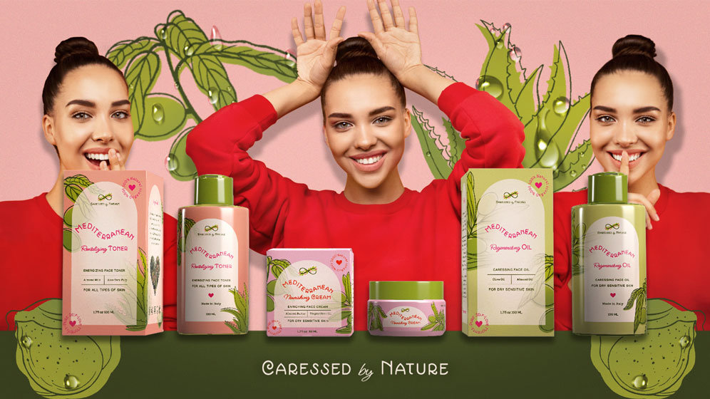 Caressed by Nature – Mediterranean skincare line of products depicted in front. Behind them there is depicted a happy girl in 3 different poses. Behind and below her there are depicted the brand illustrations of the organic ingredients used in the products