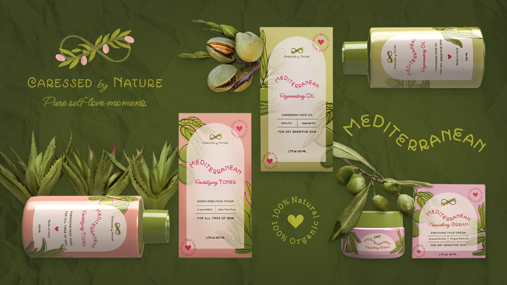 Caressed by Nature – Mediterranean skincare line of products depicted along the photos of the organic ingredients used in the products