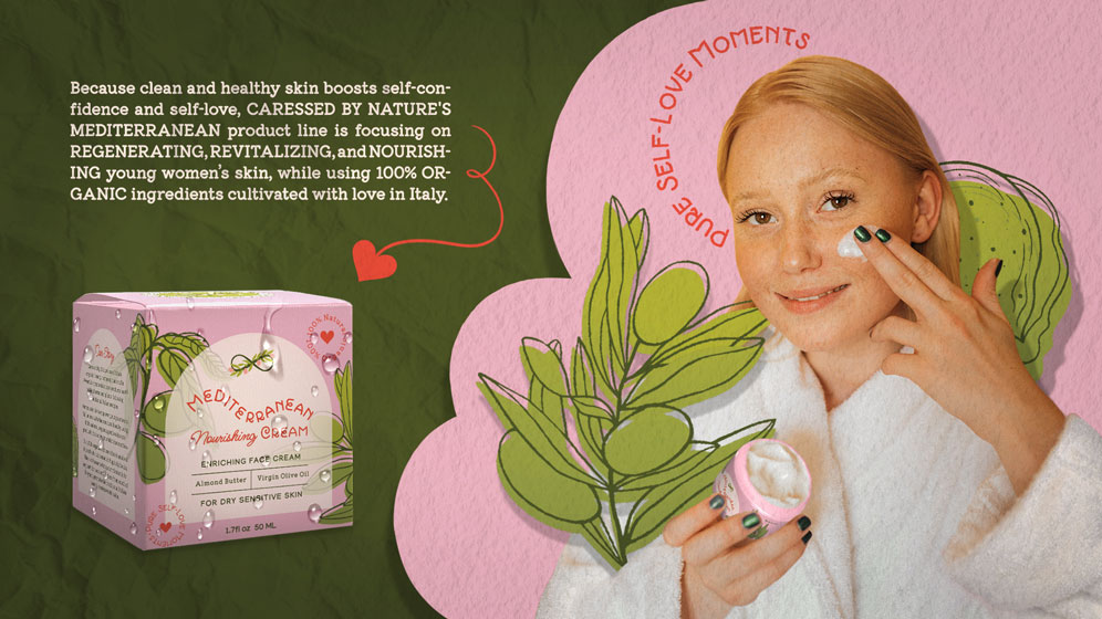 A young girl smiling is applying the Mediterranean Nourishing Cream on her face. On her right side there is the brand illustration of an olive branch, and behind her there is the brand illustration of an almond. On the left side, there is presented the packaging design for the Mediterranean Nourishing Cream.