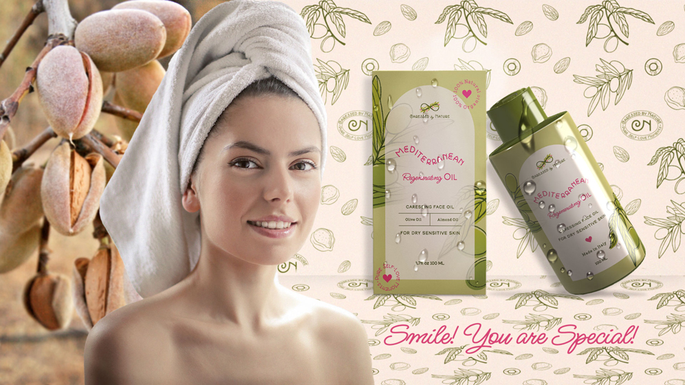 A young woman smiling is wearing a towel on her head. On the right side there is presented the packaging design for the box and recipient for Mediterranean Regenerating Oil. Behind her there is the image of almond branches.