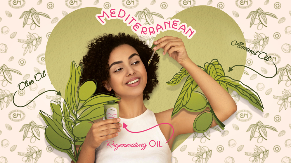 A young girl smiling is applying Mediterranean Regenerating Oil on her face, while holding the recipient in her hand. The girl is surrounded by brand illustrations depicting almond and olive branches, the ingredients used in the product. Above her there is written the product line name, Mediterranean, and below the product name Regenerating Oil. On her right and left sides there are written the organic ingredients used in the product.