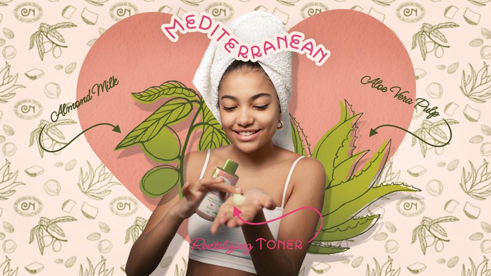 A young girl smiling is applying Mediterranean Revitalizing Toner on her hand, while holding the recipient in her hand. The girl is surrounded by brand illustrations depicting almond branches and aloe vera, the ingredients used in the product. Above her there is written the product line name, Mediterranean, and below the product name Revitalizing Toner.
