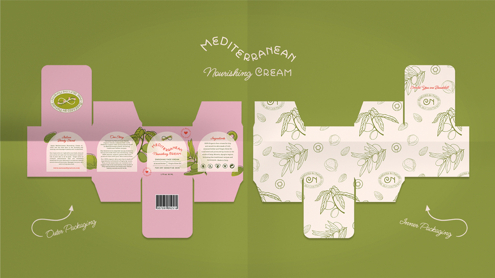 Organic skincare packaging design project - Caressed by Nature – Mediterranean Nourishing Cream packaging design dieline presentation - outer and inner dielines