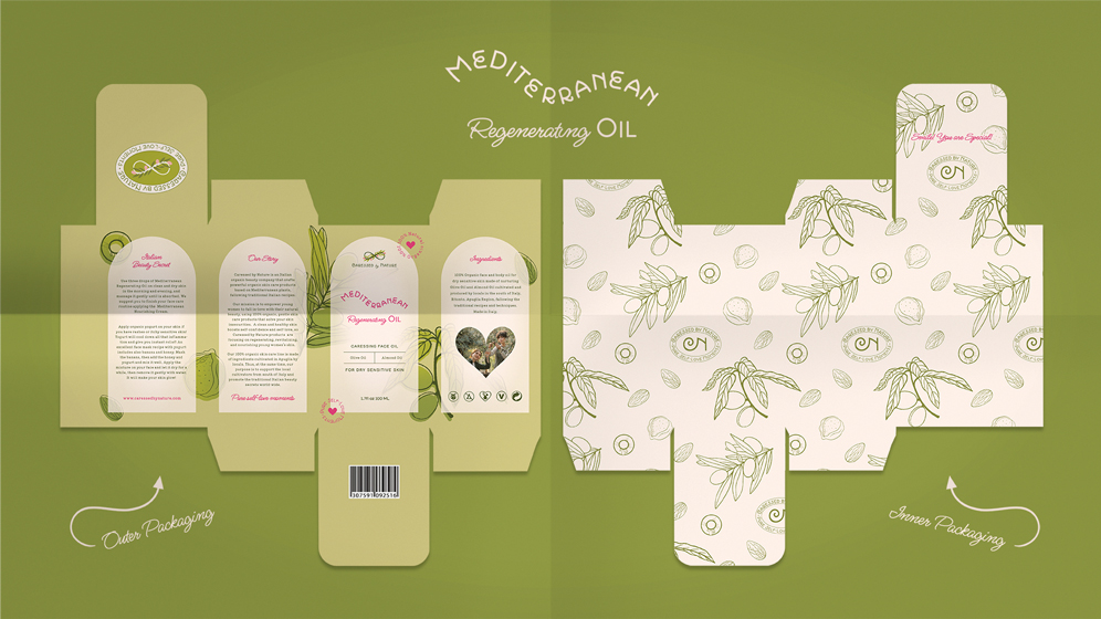 Organic skincare packaging design project - Caressed by Nature – Mediterranean Regenerating Oil packaging design dieline presentation - outer and inner dielines