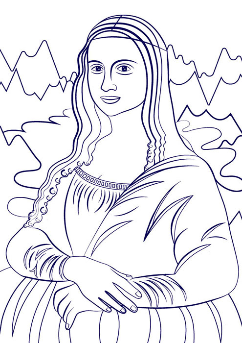 Personal interpretation of Mona Lisa painted by Leonardo da Vinci, line art coloring page