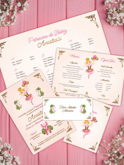 Mockup for Custom illustrated digital baptism pack including invitation, guest name and gift envelopes, menu and open bar, guest seating board illustrated digital baptism invitation inspired by the Russian ballet theme, depicting a ballerina holding balloons and surrounded by orchids and Monstera Deliciosa leaves and golden Art Nouveau decorations. The deliverables are placed one on top of each other on a pink table with flowers