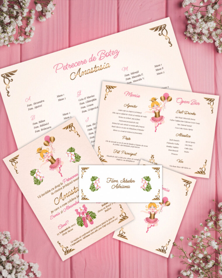 Mockup for Custom illustrated digital baptism pack including invitation, guest name and gift envelopes, menu and open bar, guest seating board illustrated digital baptism invitation inspired by the Russian ballet theme, depicting a ballerina holding balloons and surrounded by orchids and Monstera Deliciosa leaves and golden Art Nouveau decorations. The deliverables are placed one on top of each other on a pink table with flowers