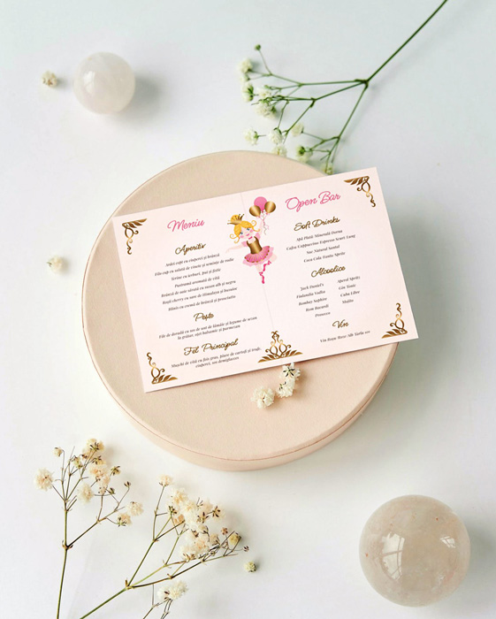 Mockup for Custom illustrated digital baptism pack depicting the menu and open bar placed on colourful geometrical shapes and flowers on a table