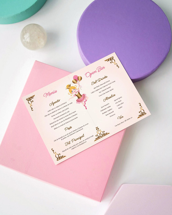 Mockup for Custom illustrated digital baptism pack depicting the menu and open bar placed on colourful geometrical shapes on a table
