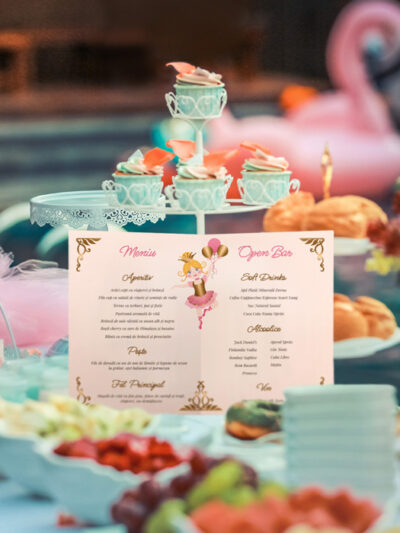Mockup for Custom illustrated digital baptism pack depicting the menu and open bar placed on a candy bar