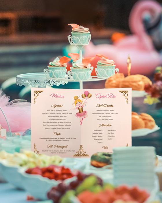 Mockup for Custom illustrated digital baptism pack depicting the menu and open bar placed on a candy bar